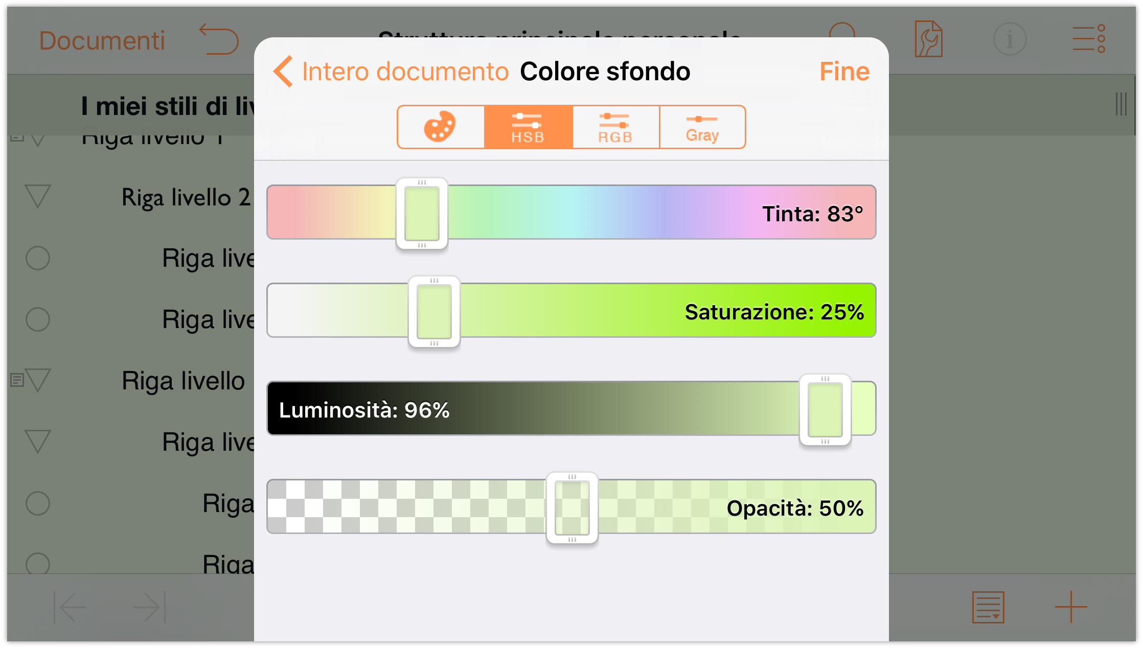 Utilizza i controlli HSV per modificare l'opacità del colore di sfondo