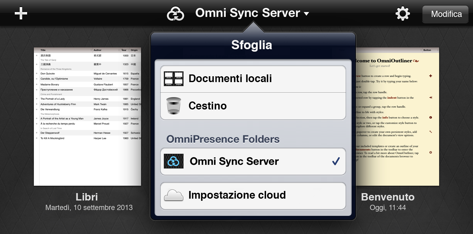 Inserisci nella cartella di sincronizzazione di OmniPresence i file da trasferire in OmniOutliner 2 per iPad.