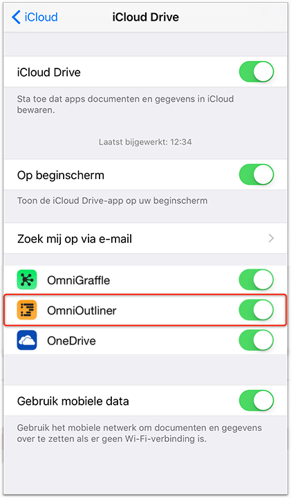 Het iCloud Drive-scherm met de lijst van apps die documenten en gegevens opslaan in iCloud
