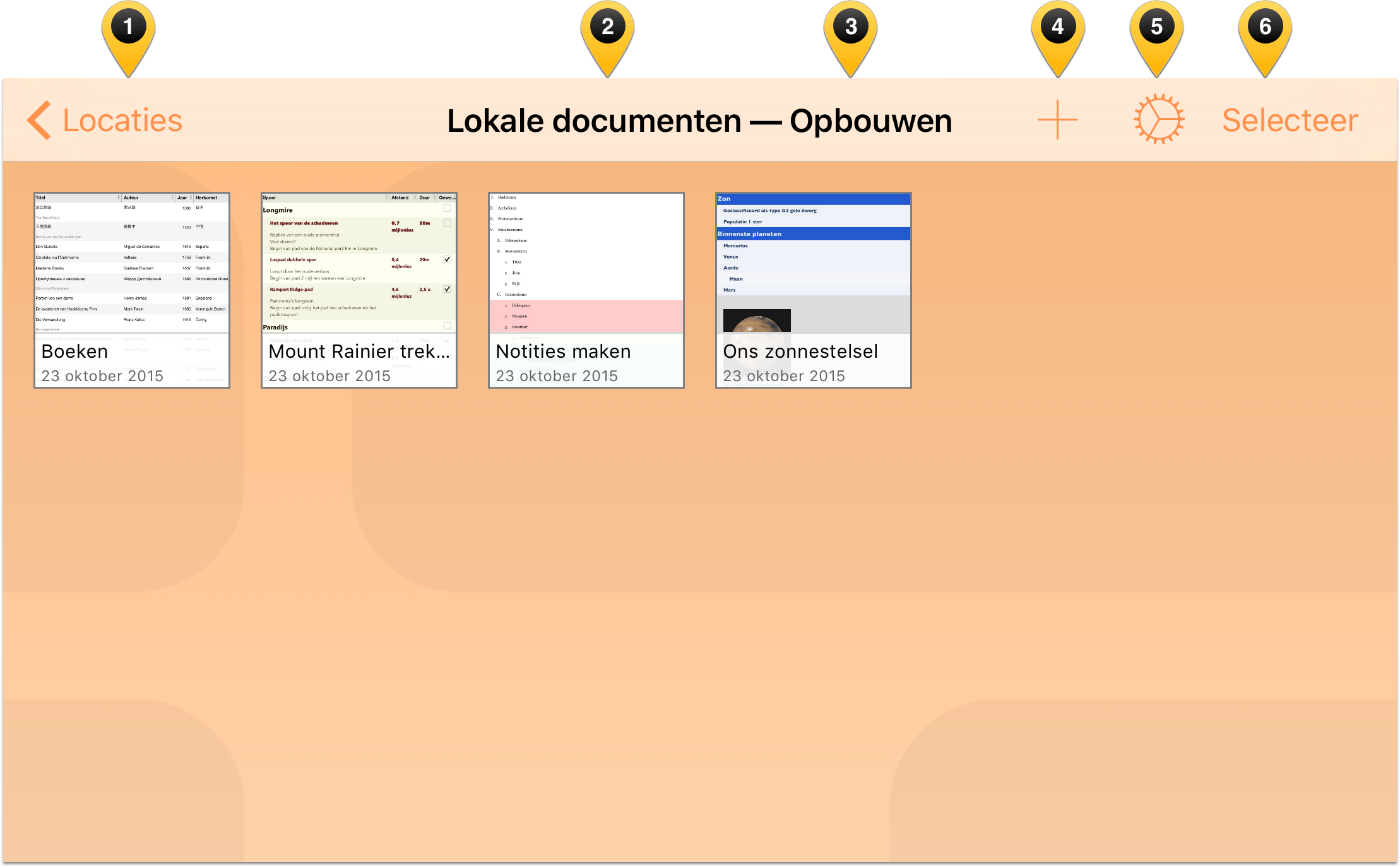 De verschillende elementen in de navigatiebalk van de Documentbrowser markeren