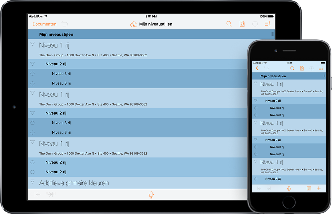 OmniOutliner 2.4 voor iOS zoals weergegeven op een iPad Air 2 en iPhone 6