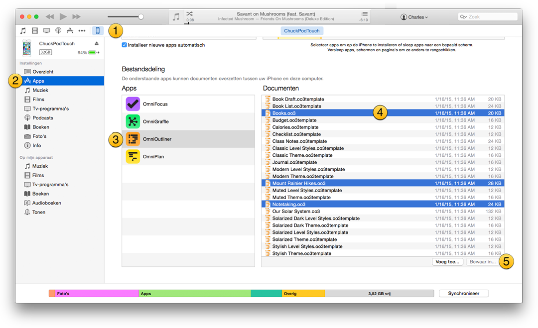 OmniOutliner-bestanden overdragen van iTunes naar uw Mac