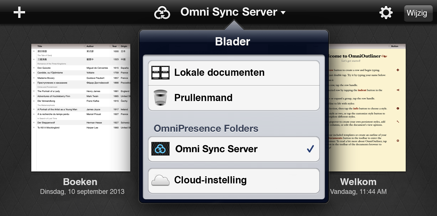Plaats de bestanden die u wilt overdragen naar OmniOutliner 2 voor iPad in de OmniPresence-synchronisatiemap.