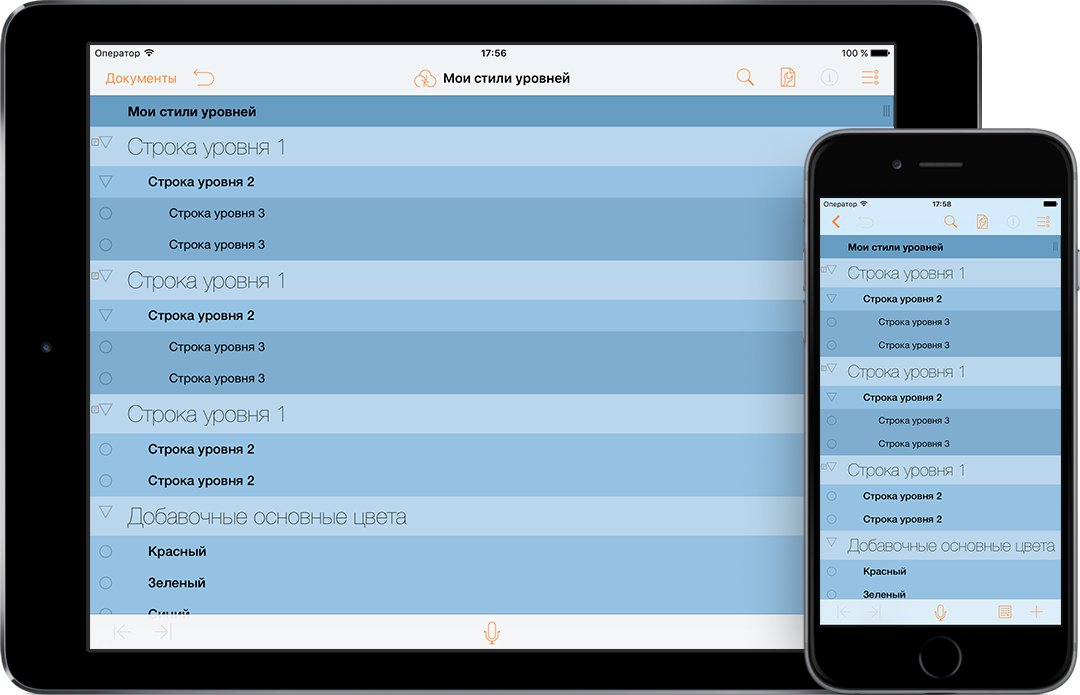 OmniOutliner 2.4 для iOS на экране iPad Air 2 и iPhone 6