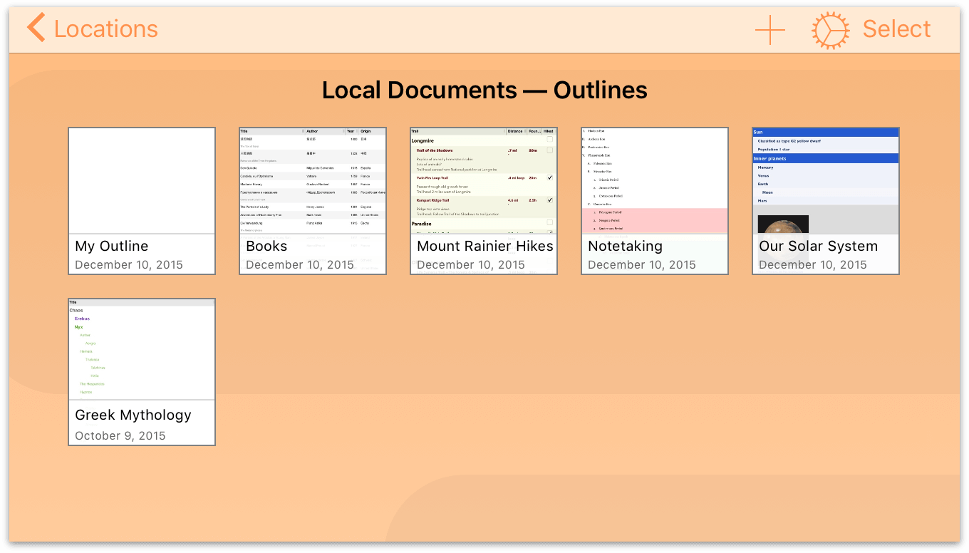 An OmniOutliner file in the Document Browser with a new file name