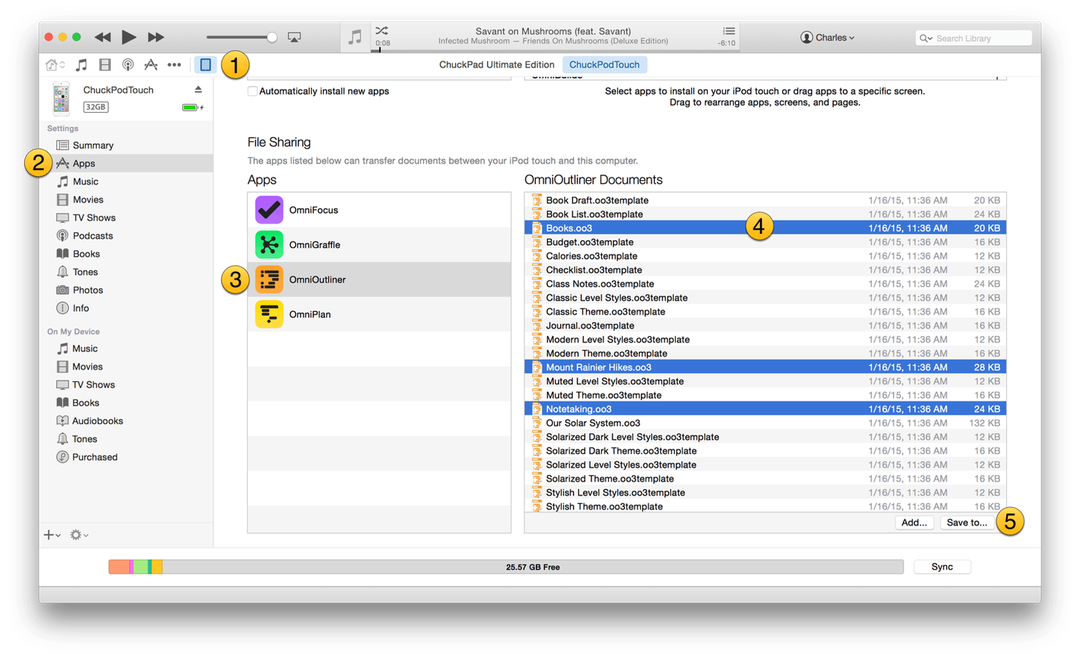 Transferring OmniOutliner files from iTunes to your Mac