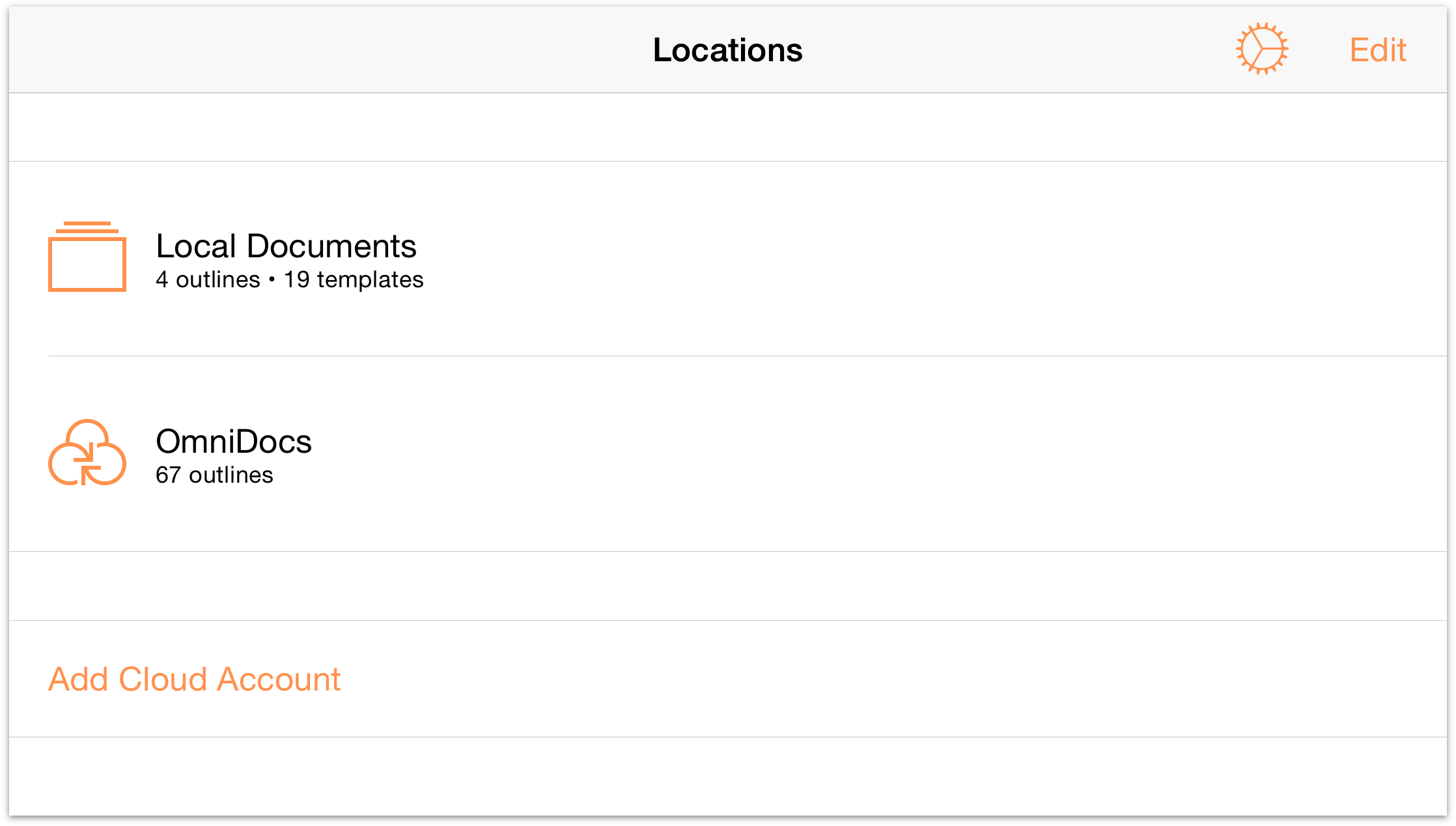 The Locations screen in OmniOutliner for iOS