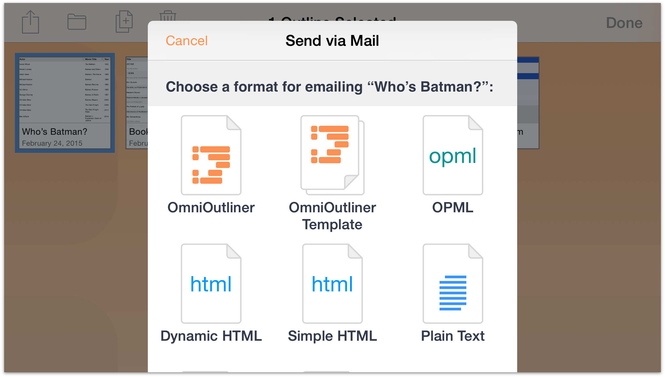 Choose the document format you would like to send as an email attachment.