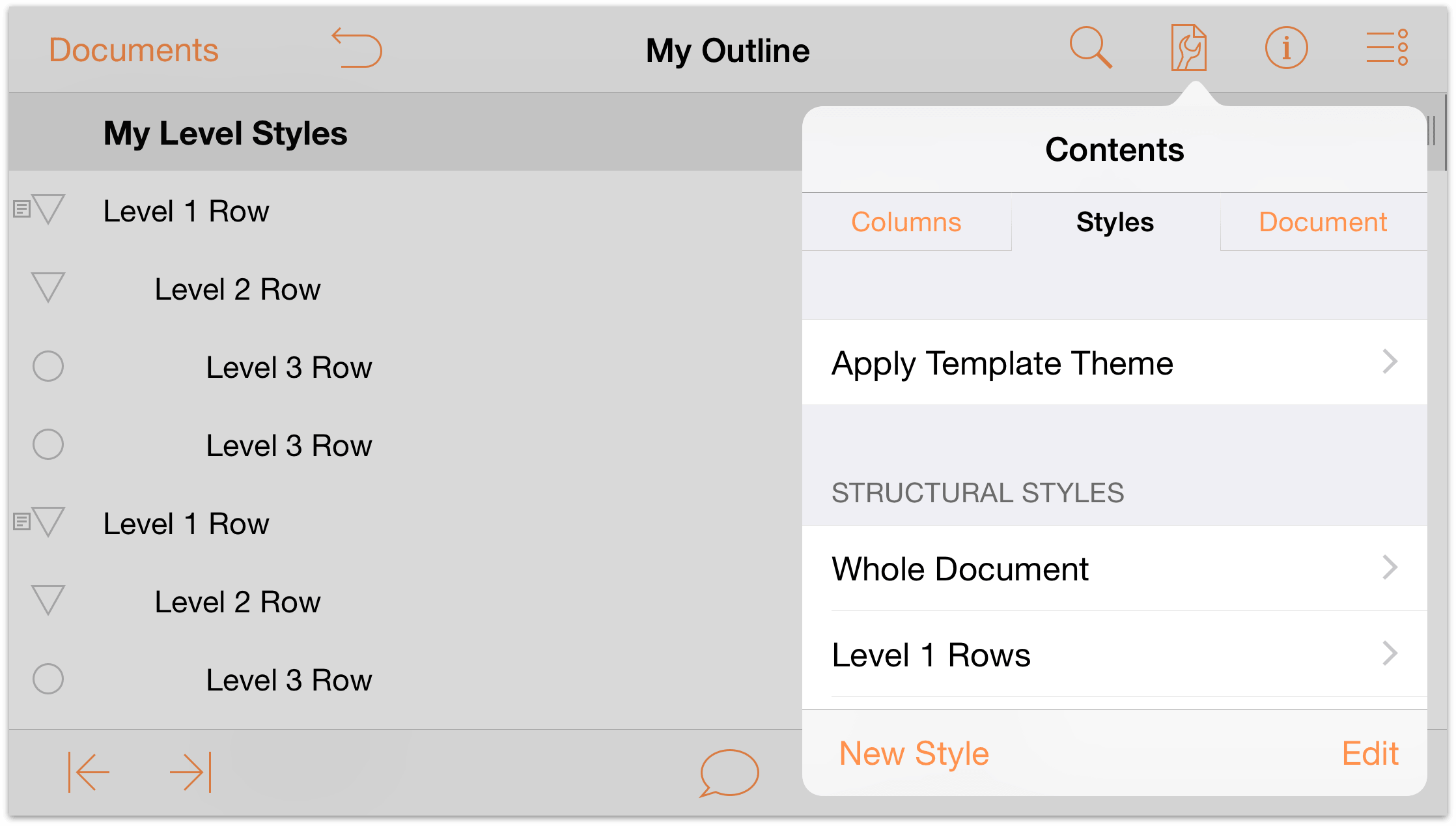 The Contents menu on an iPhone 6 Plus in Landscape orientation