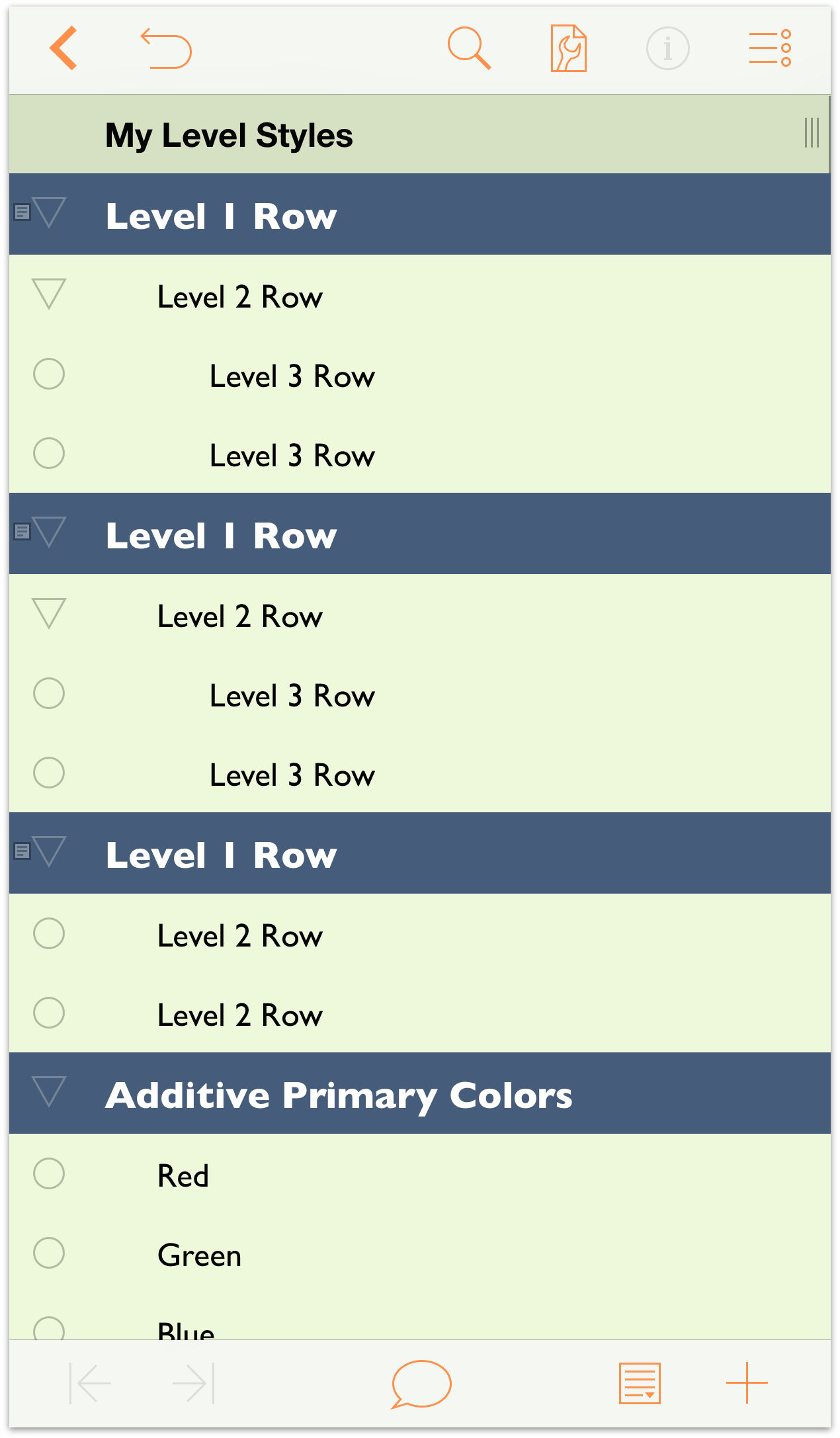 The outline showing the results of your work on the Level 1 Row styles