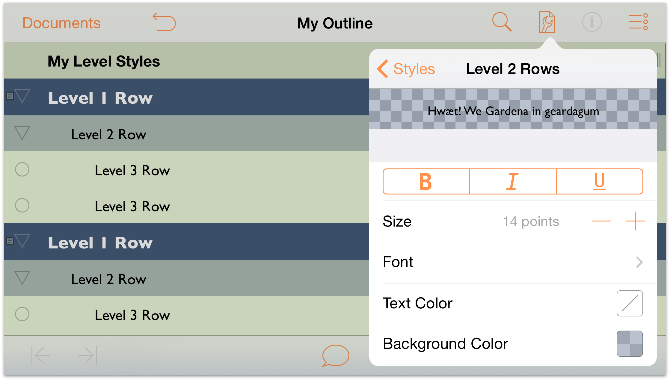 The Level 2 Rows style pane