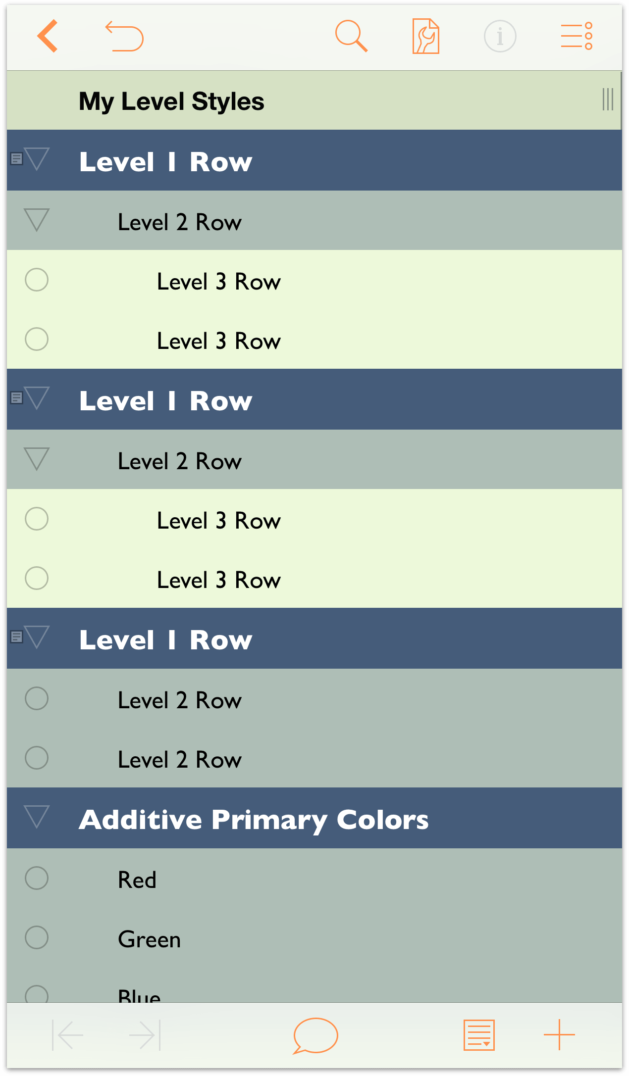 The outline showing the results of your work on the Level 2 Row styles