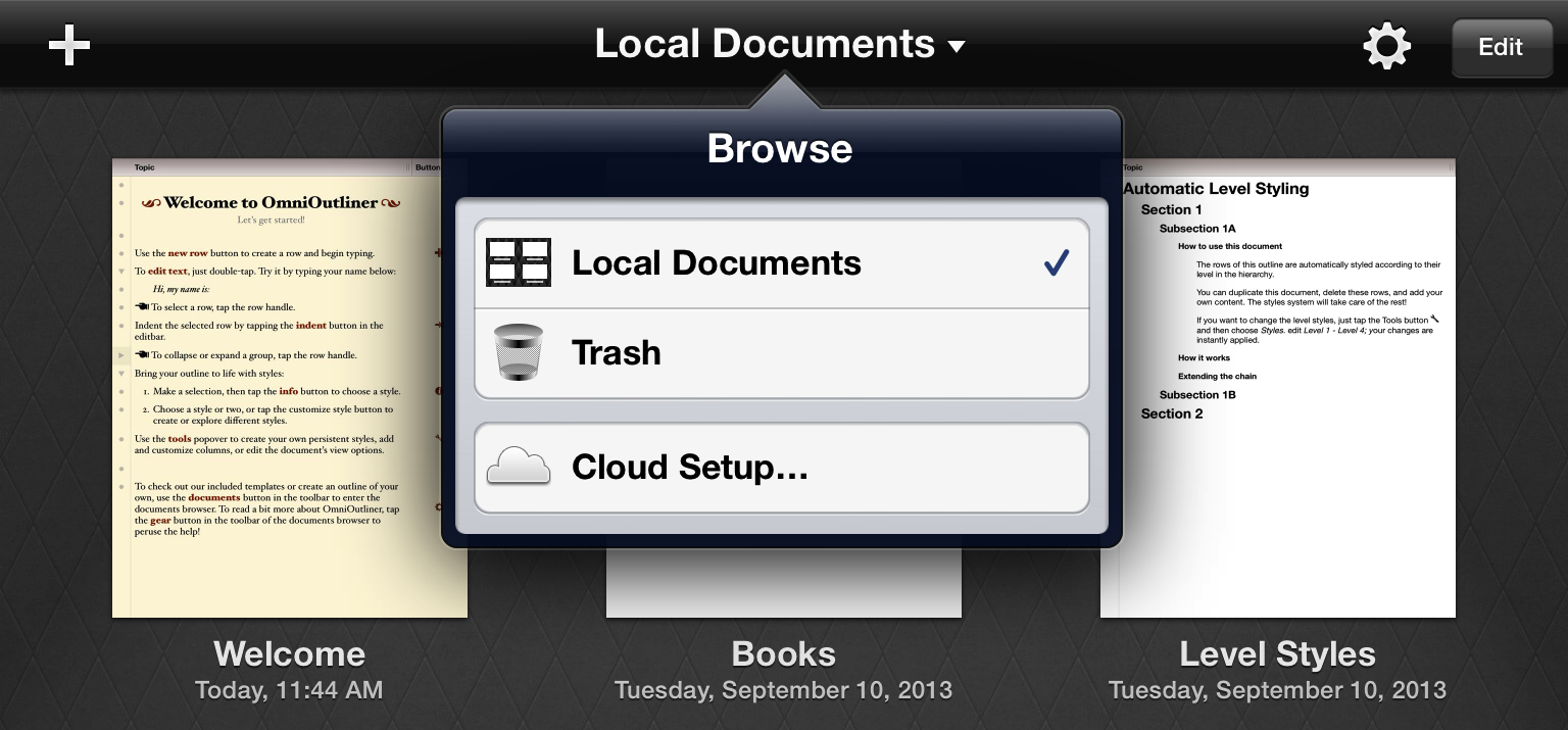 Go to Cloud Setup in the document browser toolbar popover of OmniOutliner for iPad 1.x to view your cloud sync account settings.
