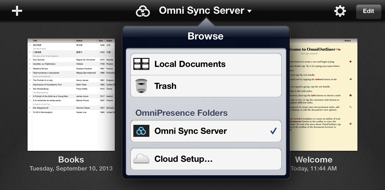Put the files you’d like to transfer to OmniOutliner 2 for iPad in your OmniPresence sync folder.