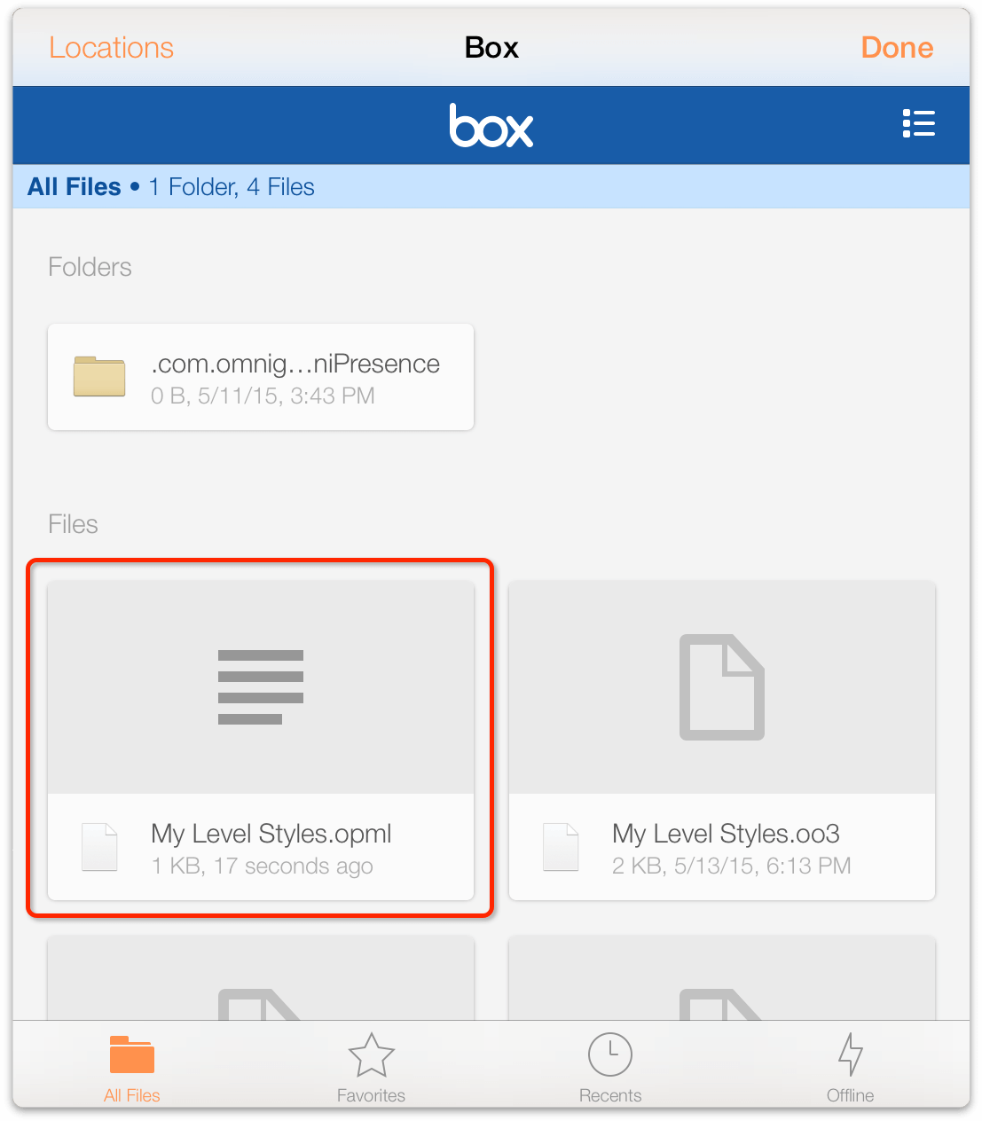 A window showing the files stored on Box, including the OPML file