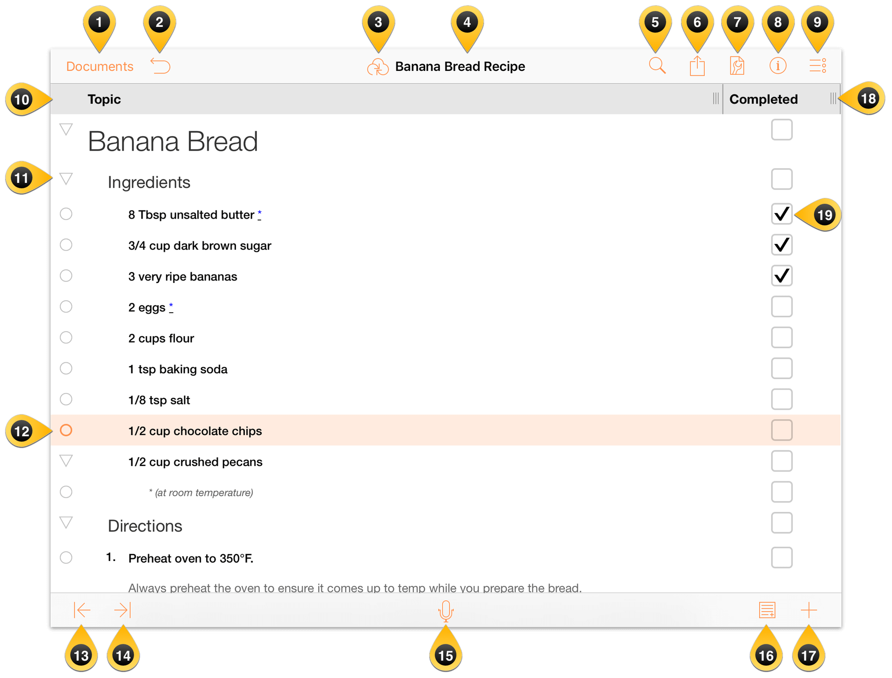 An overview of OmniOutliners interface elements