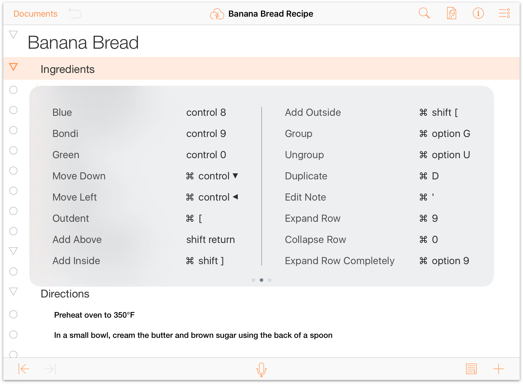 An OmniOutliner document with the keyboard shortcut overlay on top