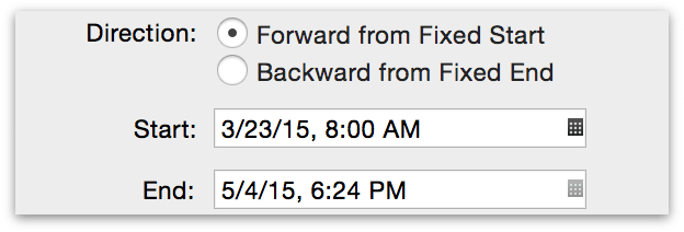 Setting a start or end date in the Project Information inspector.