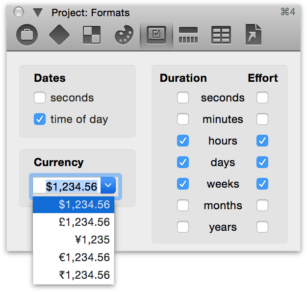 The Project Formats inspector.