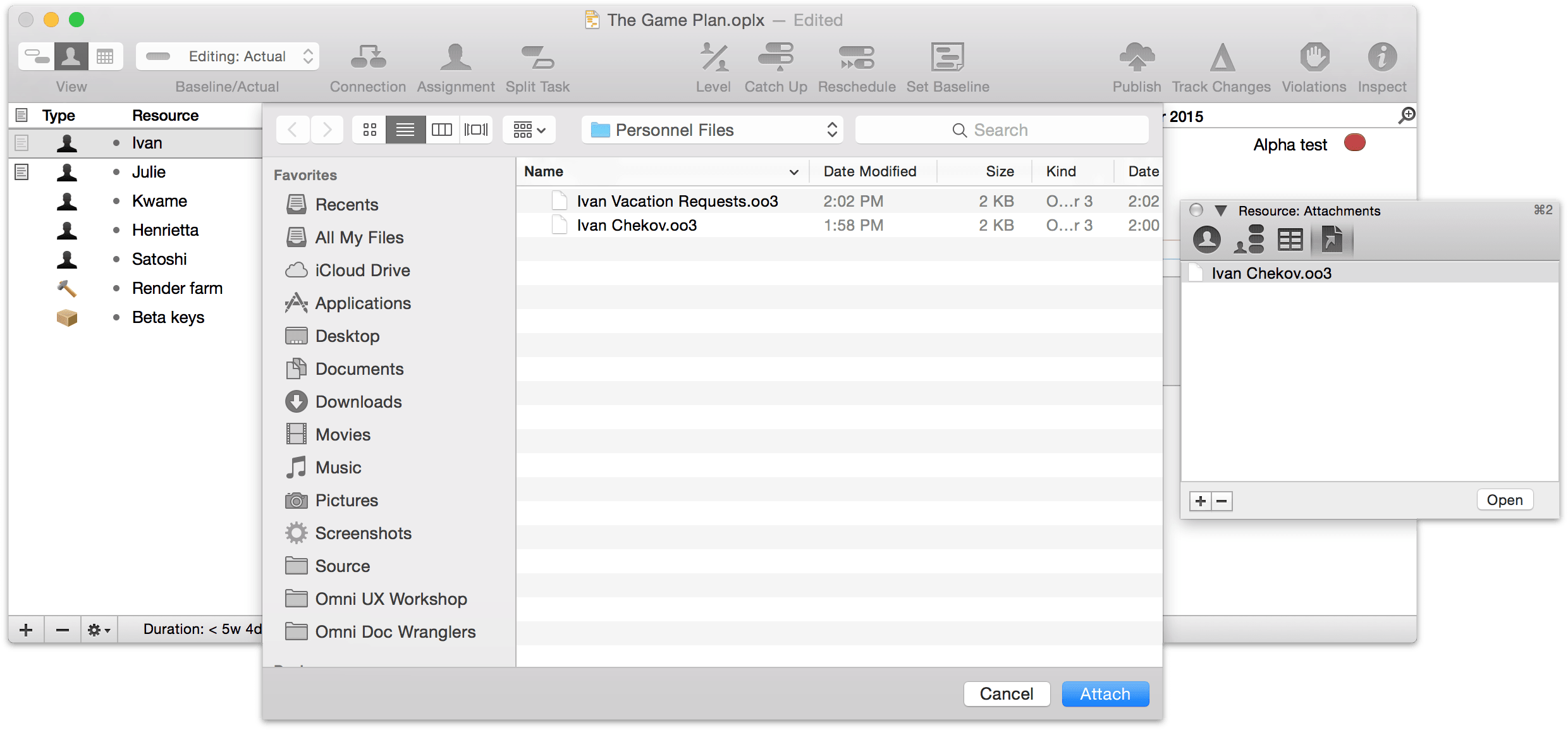 Attaching a file to a resource using the Resource Attachments inspector.