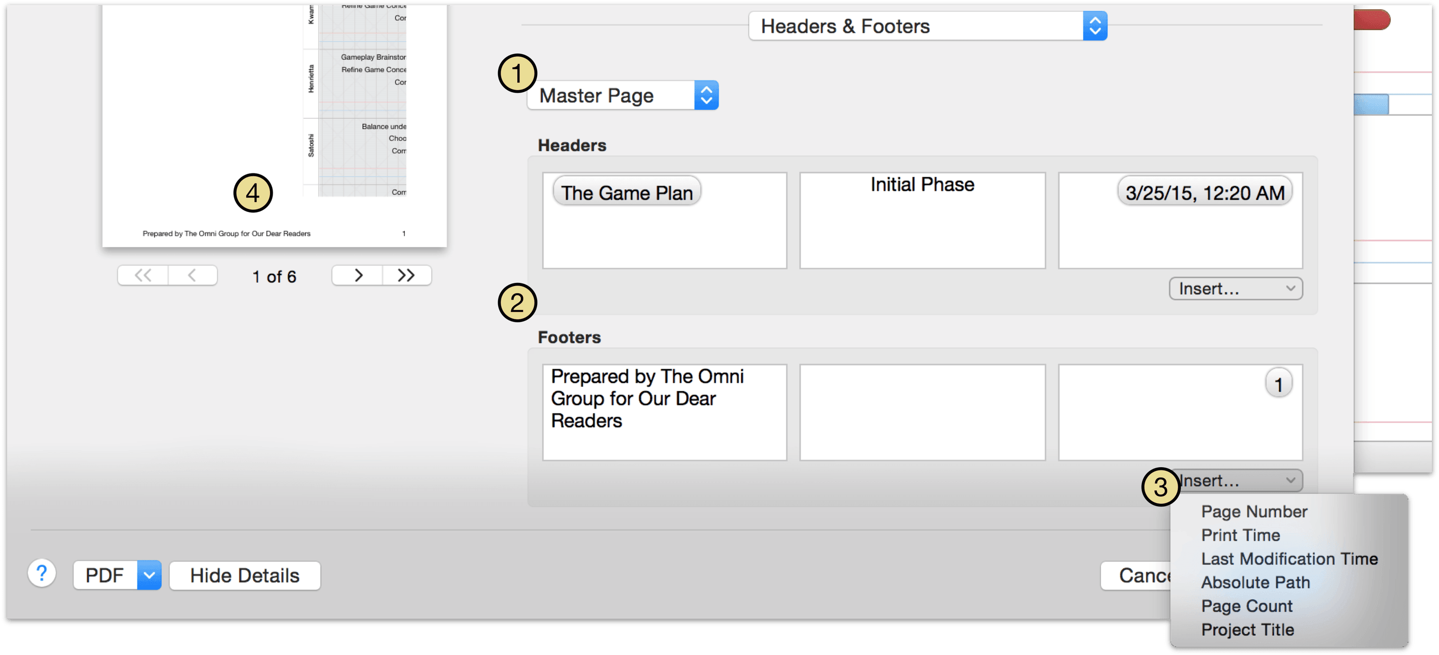Header and footer customization options.