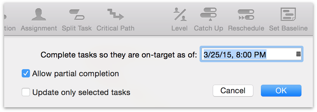 Using the Catch Up button to bring task completion up to the chosen date.