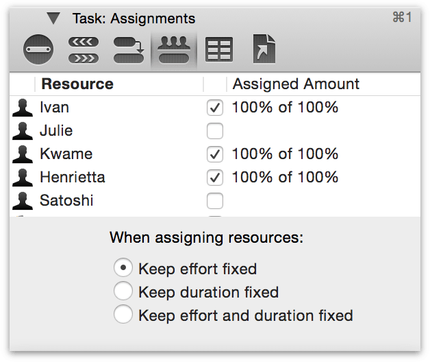 Assigning resources in the Task Assignments inspector.