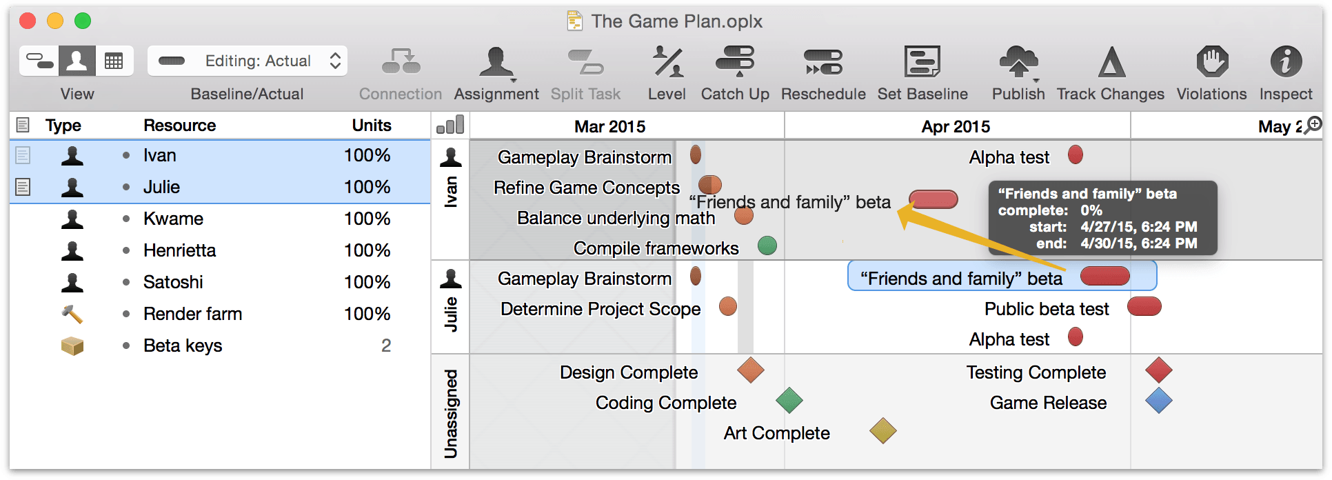 Dragging tasks between resource lanes in the resource timeline.