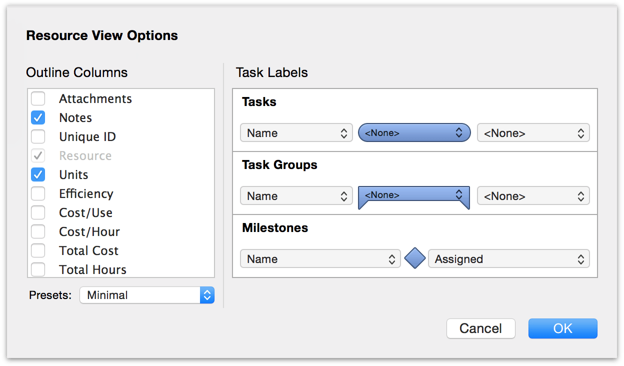 View options in resource view.