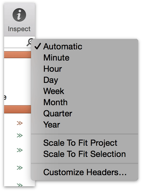 Changing the Gantt chart's scale with the Magnifying Glass menu.