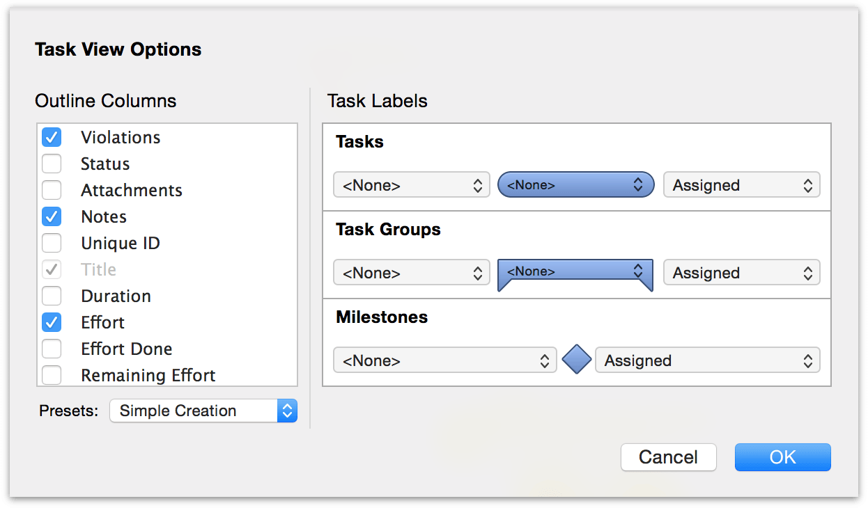 View Options for the task view.