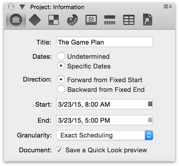 The Project Information inspector with the default start date (the day the project is created).