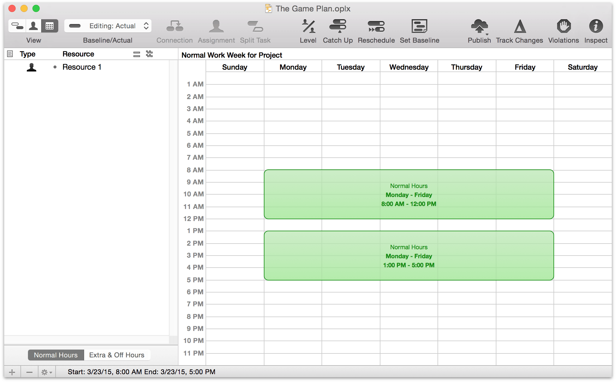 The default schedule for a work week in Calendar view.