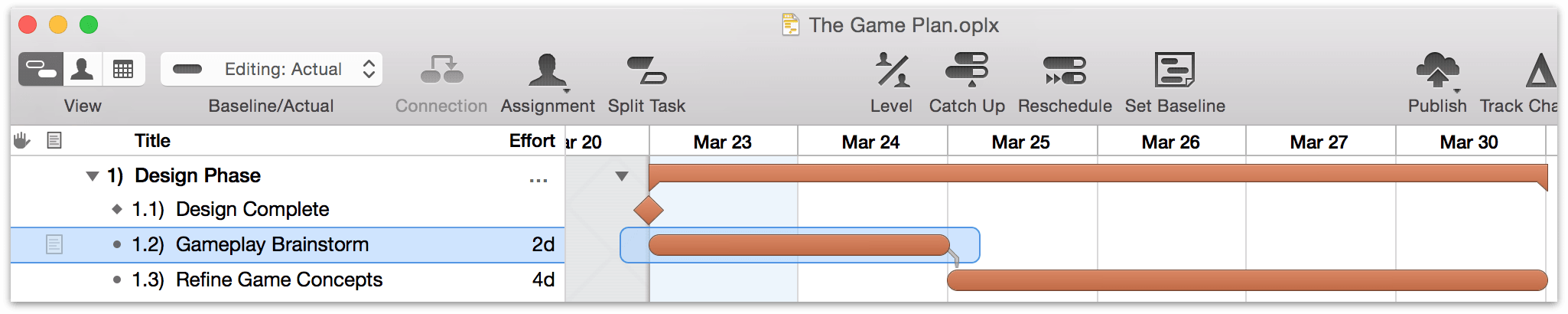 A finish-to-start dependency between two tasks, as illustrated in the Gantt view.