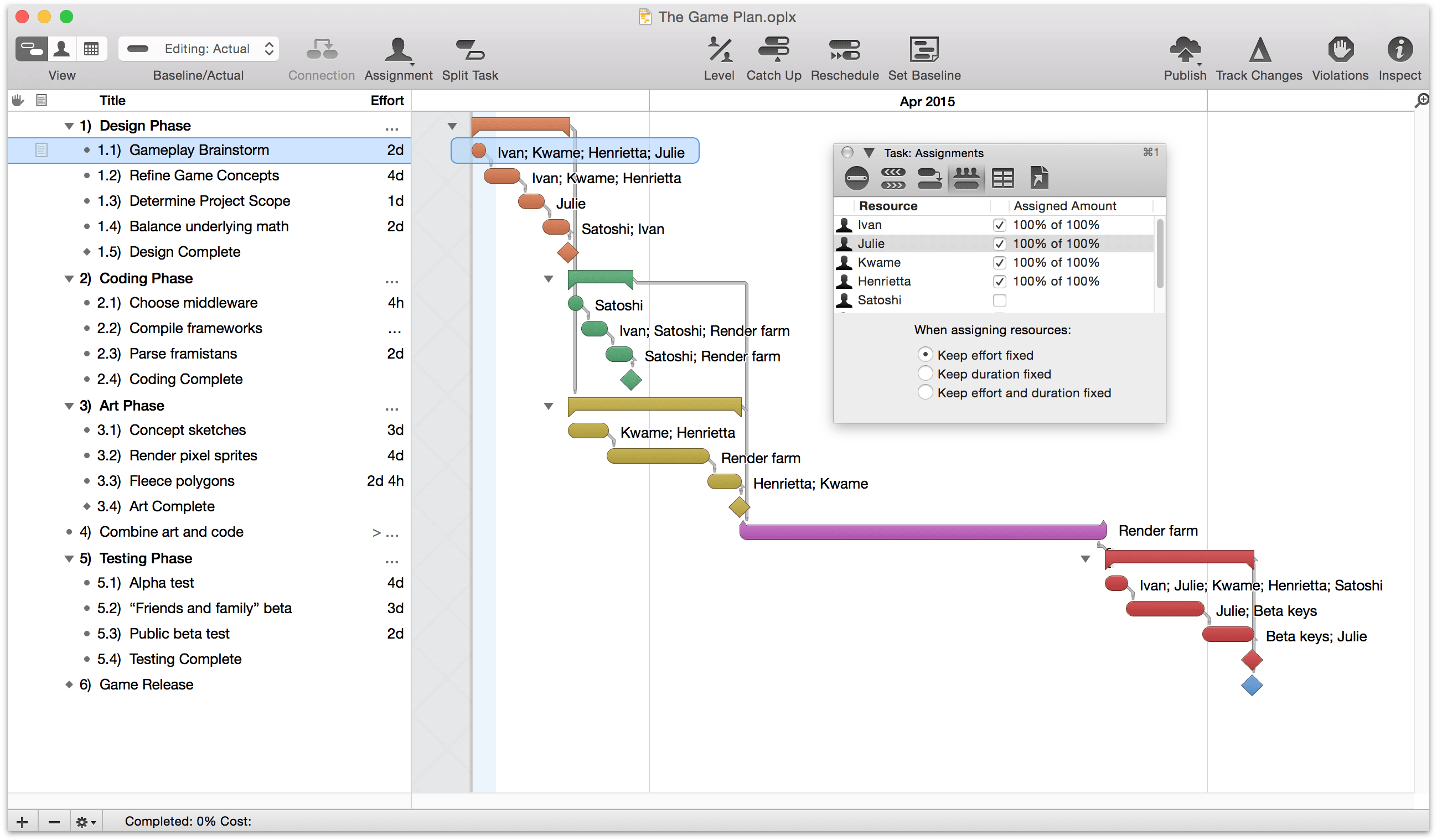 Assigning resources to a task using the Task Assignments inspector.