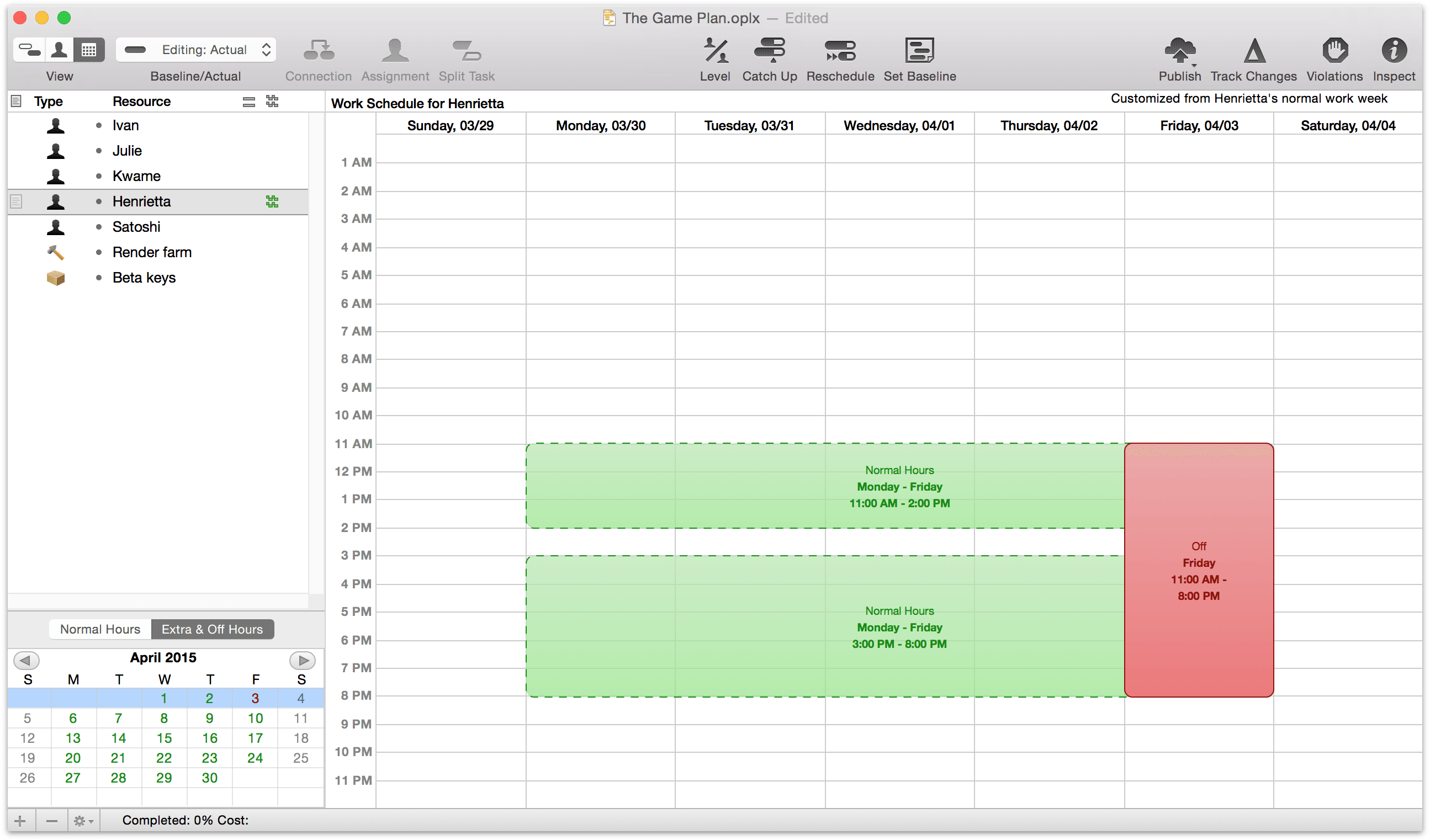 Describing vacation time for an individual staff member in Calendar view.