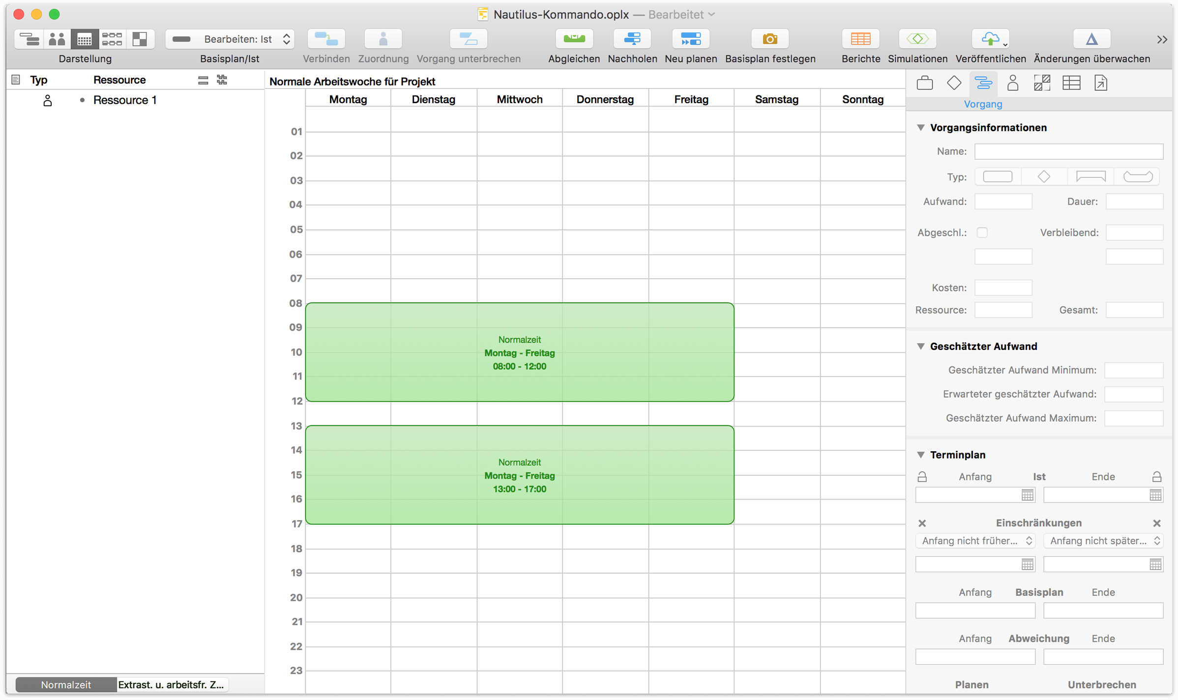 Standardplan für eine Arbeitswoche in der Kalenderansicht