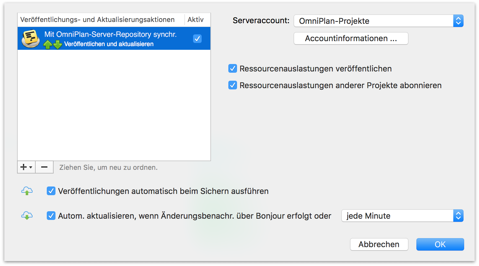 Konfigurieren der Veröffentlichungs- und Abonnementoptionen für ein Server-Repository in OmniPlan 3 für Mac