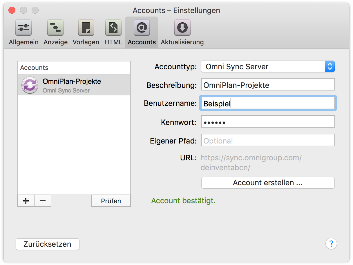 Erstellung eines Synchronisierungsaccounts in den Einstellungen für OmniPlan 3 für Mac