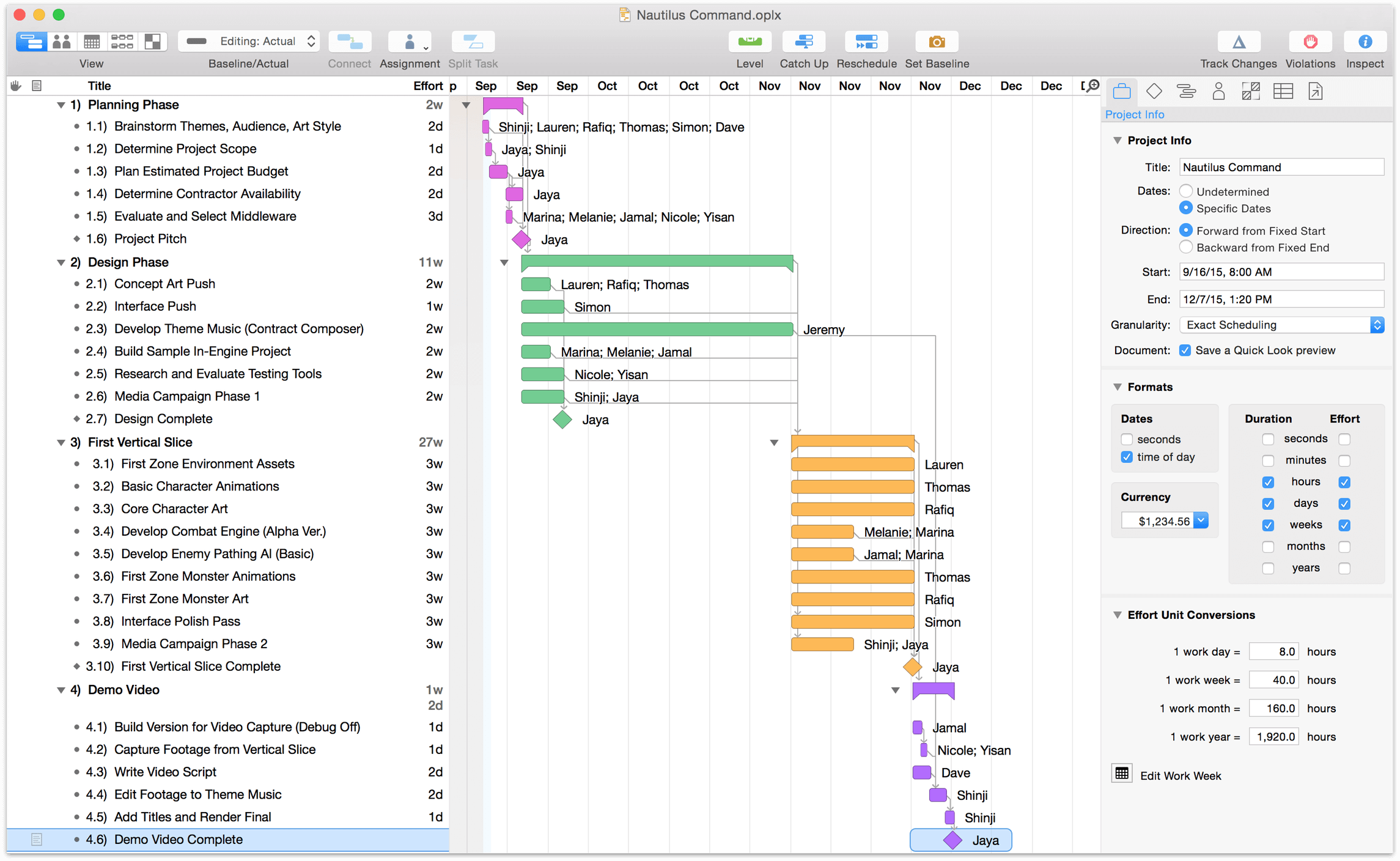 Assigning resources to a task using the Assignments section of the Task inspector.