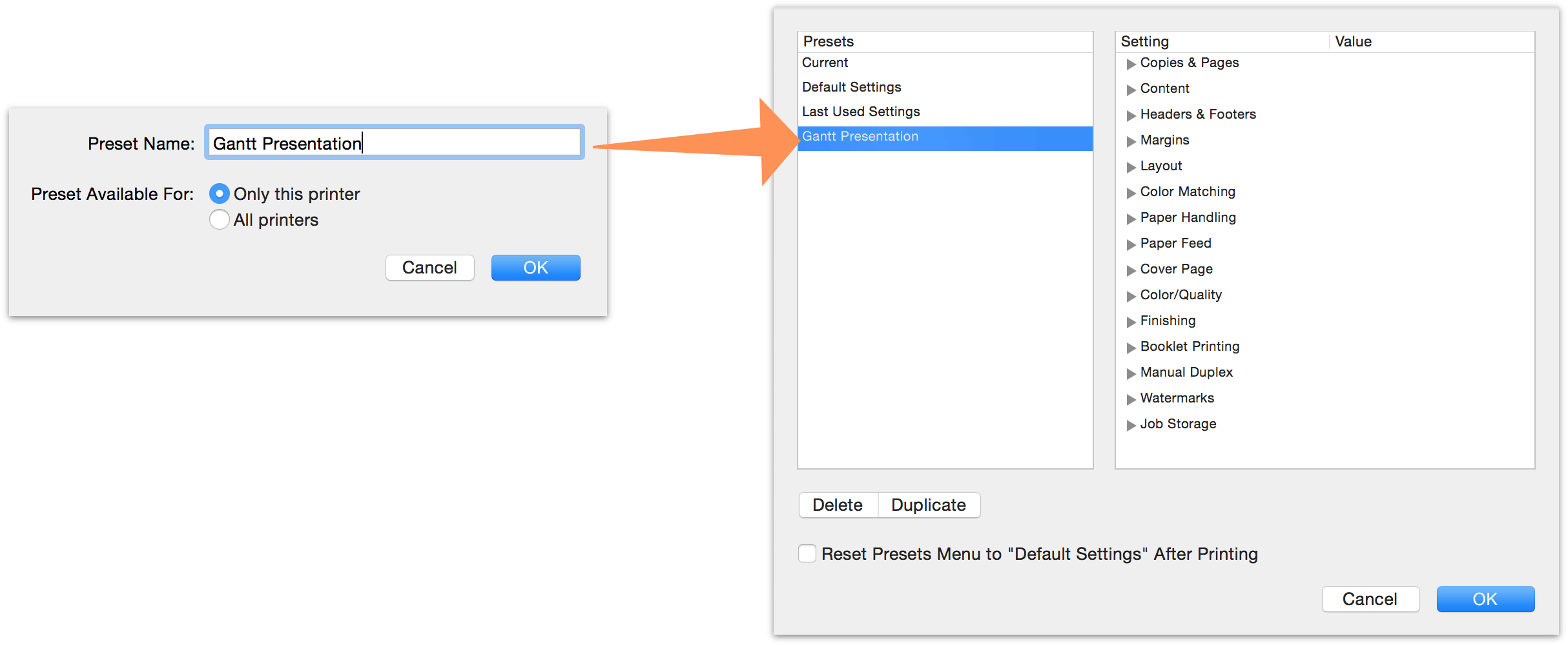 Saving a new printing preset from OmniPlan 3’s print dialog.