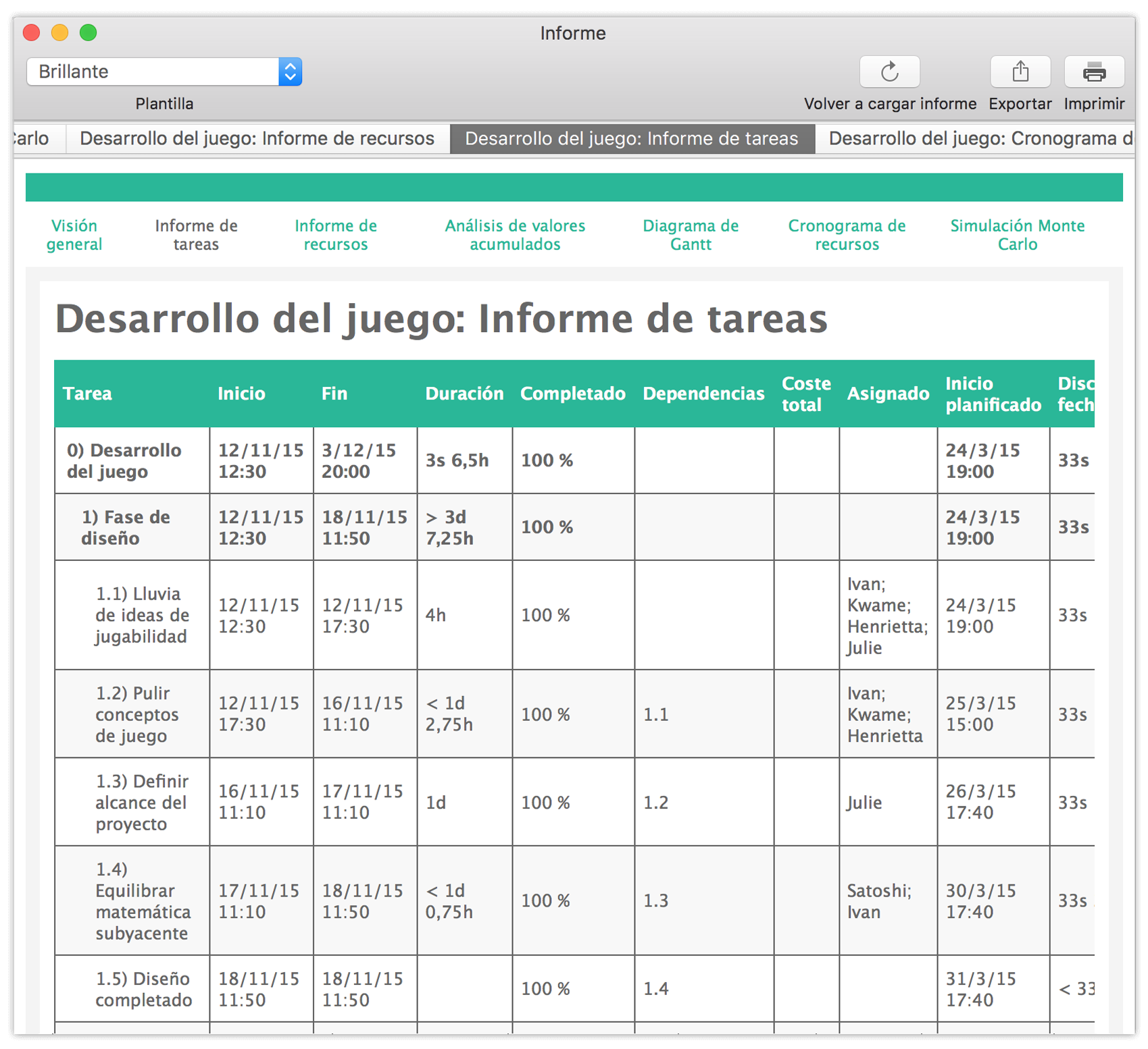 La interfaz Informes en OmniPlan 3.