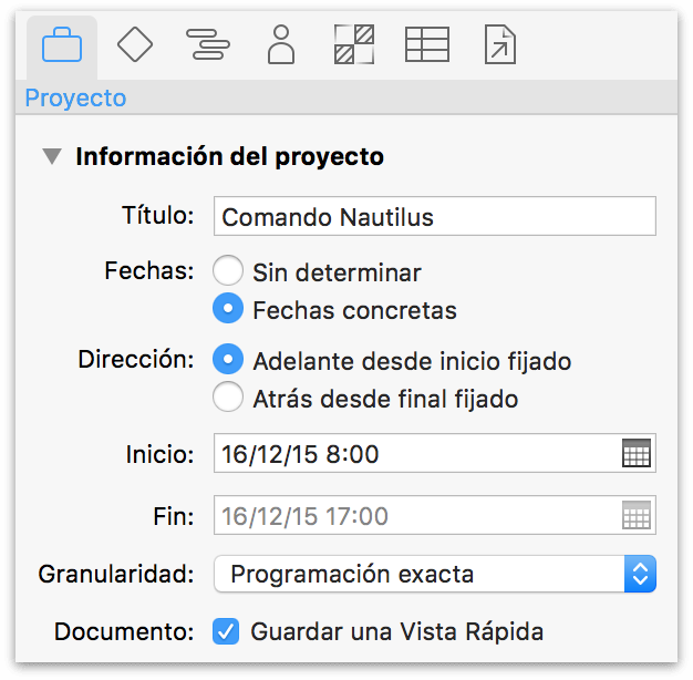 El editor de proyectos con la fecha de inicio por omisión (el día de la creación del proyecto).