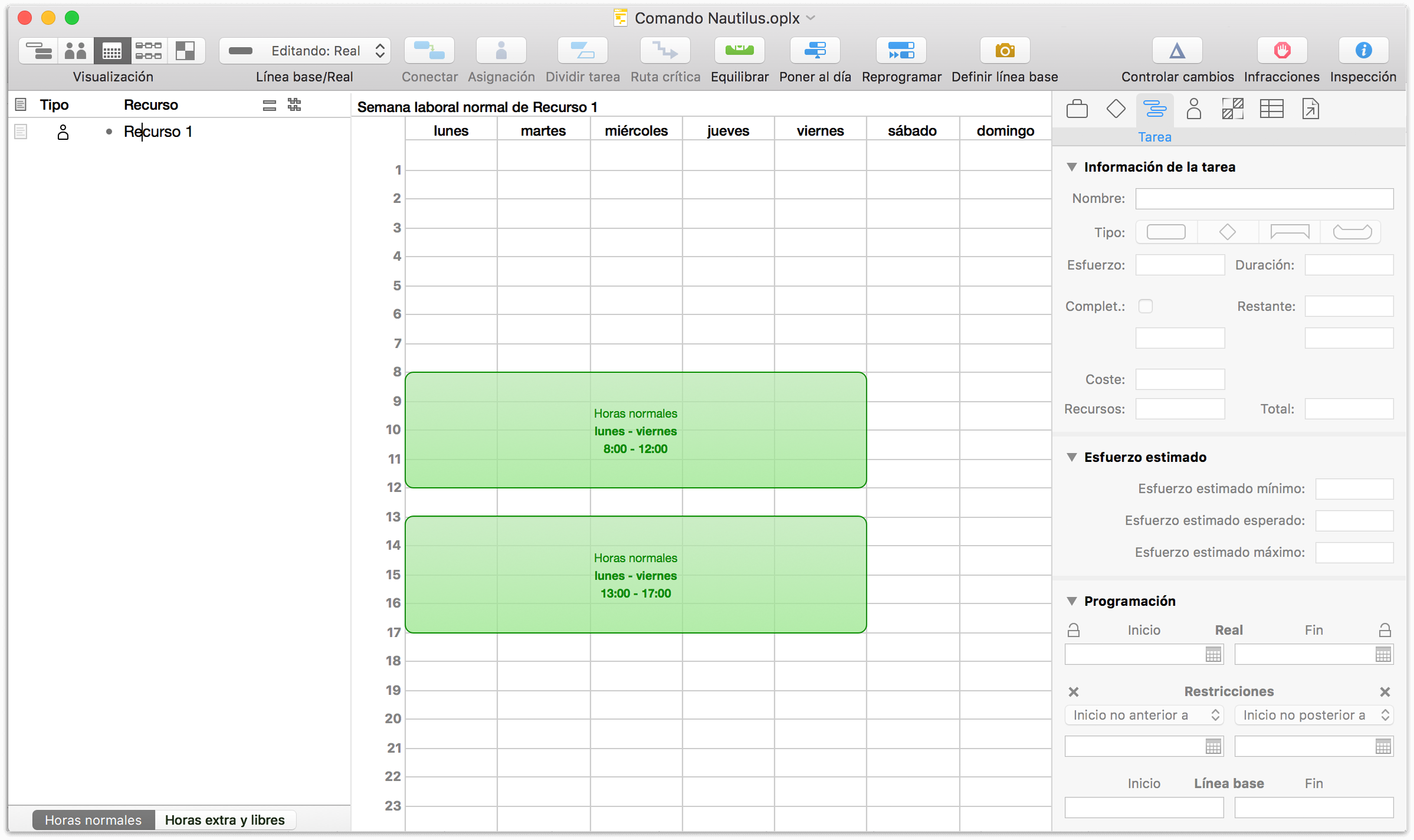 La programación por omisión para una semana de trabajo en la vista de calendario.