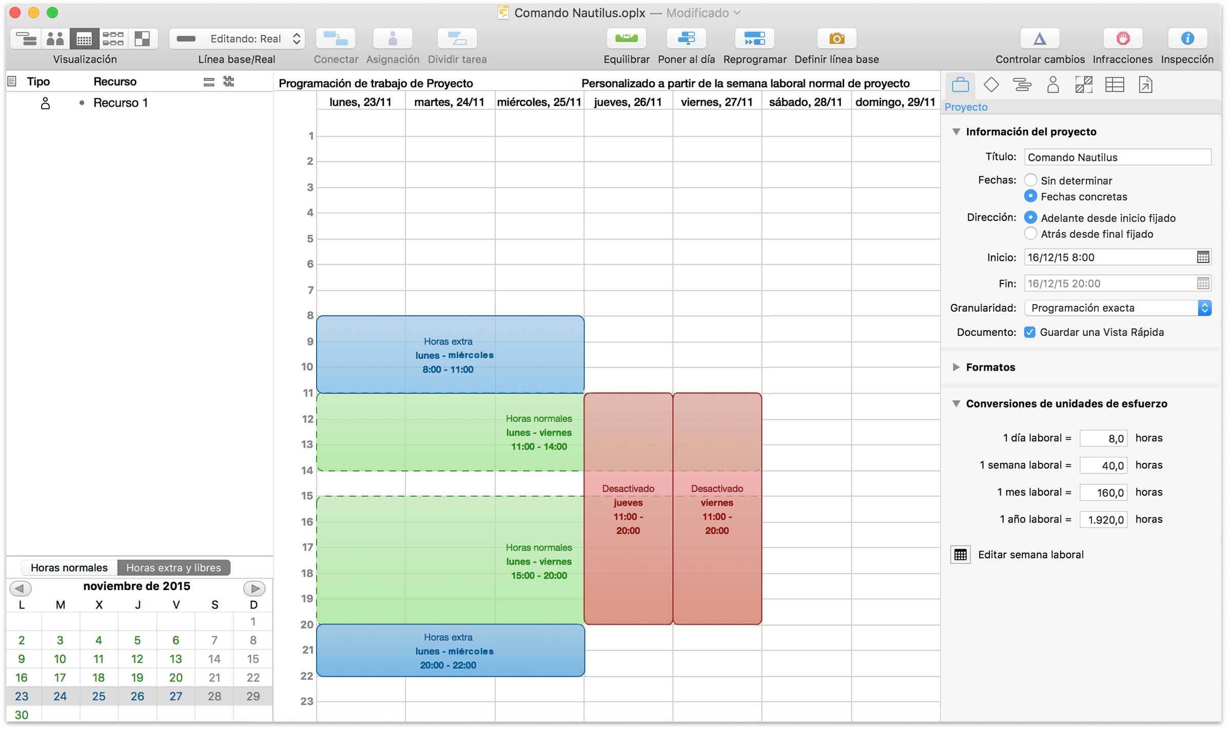 La semana del 23-27 de noviembre con las excepciones añadidas.