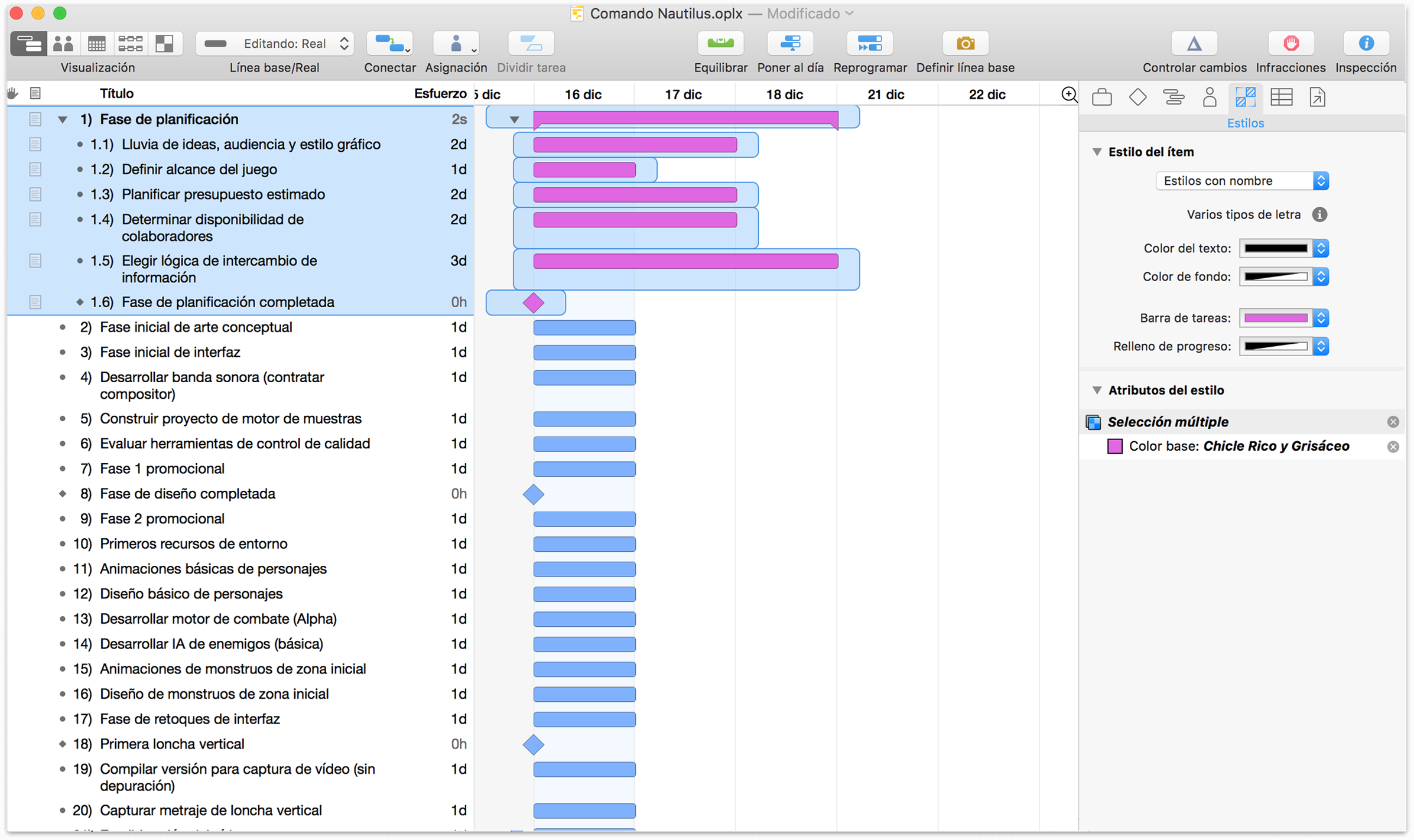 Aplicando color a la barra de un grupo con el inspector de tareas.