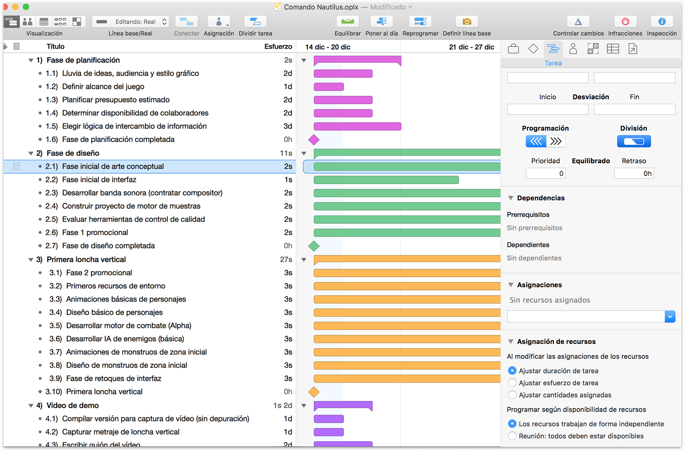 El proyecto con grupos, estilos de color y duraciones de las tareas.