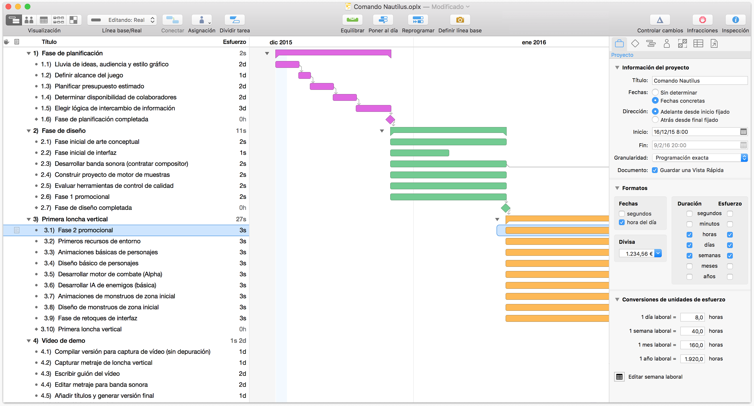 Fechas clave reordenadas y tareas conectadas mediante dependencias a lo largo del proyecto.
