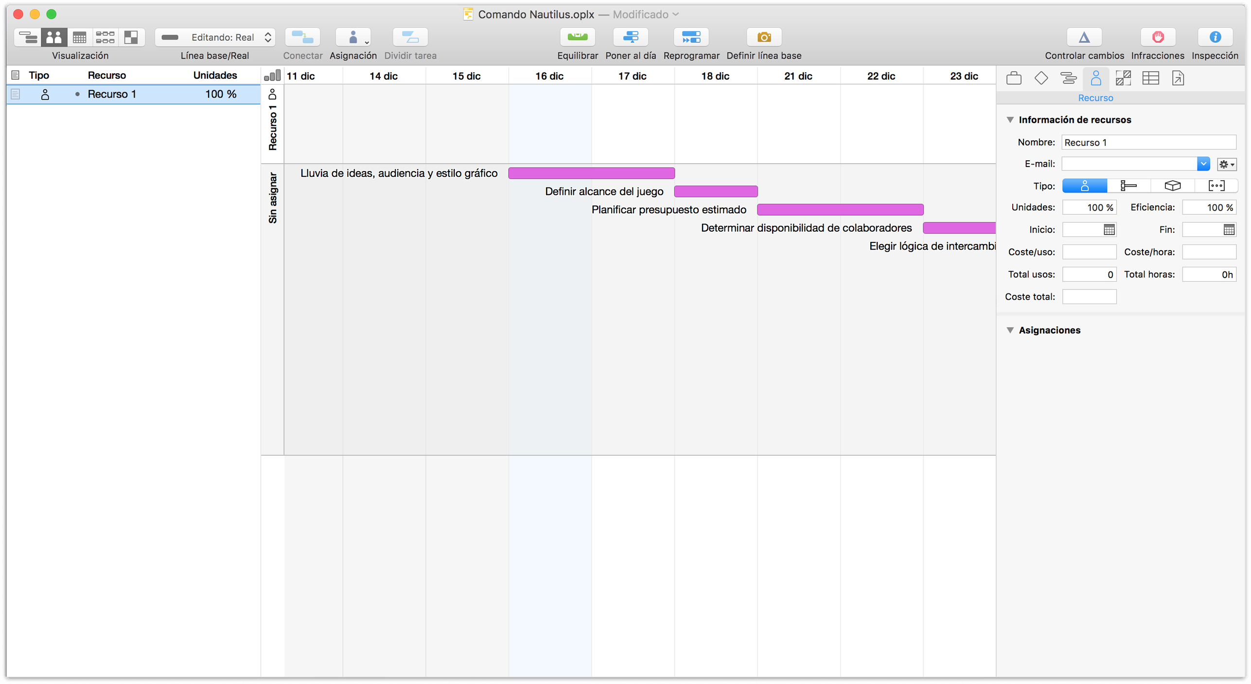 El único recurso por omisión que se incluye en un proyecto recién creado, tal como se muestra en la vista de recursos.