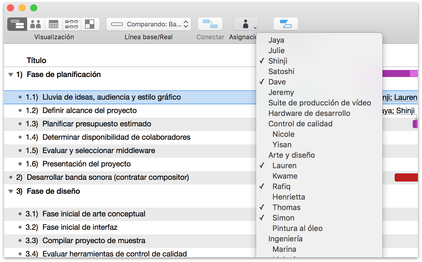 Asignando recursos a una tarea utilizando el botón de la barra de herramientas Asignaciones.